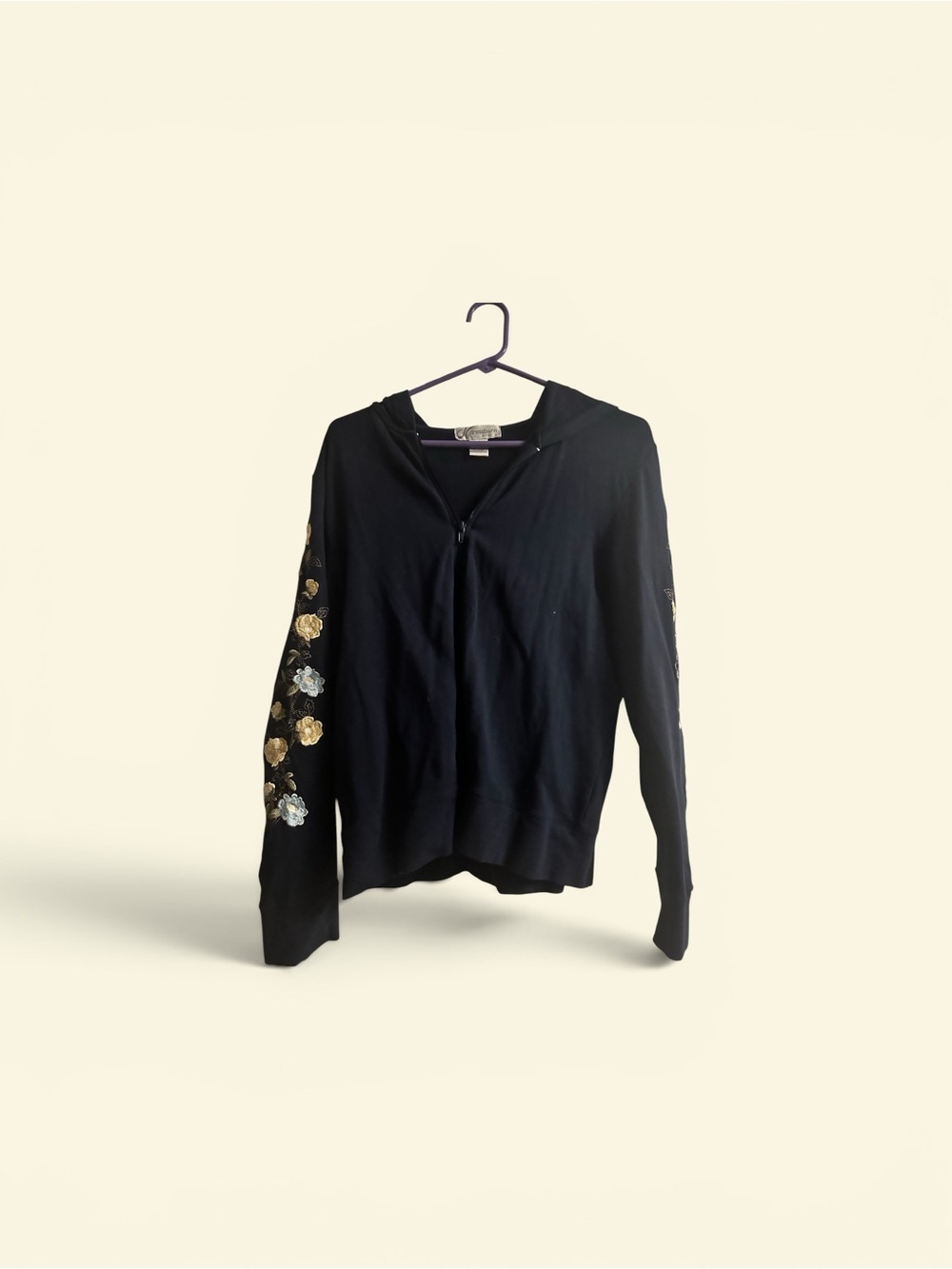 Dress Barn Zip Hoodie with embroidered Floral Sleeves . Navy